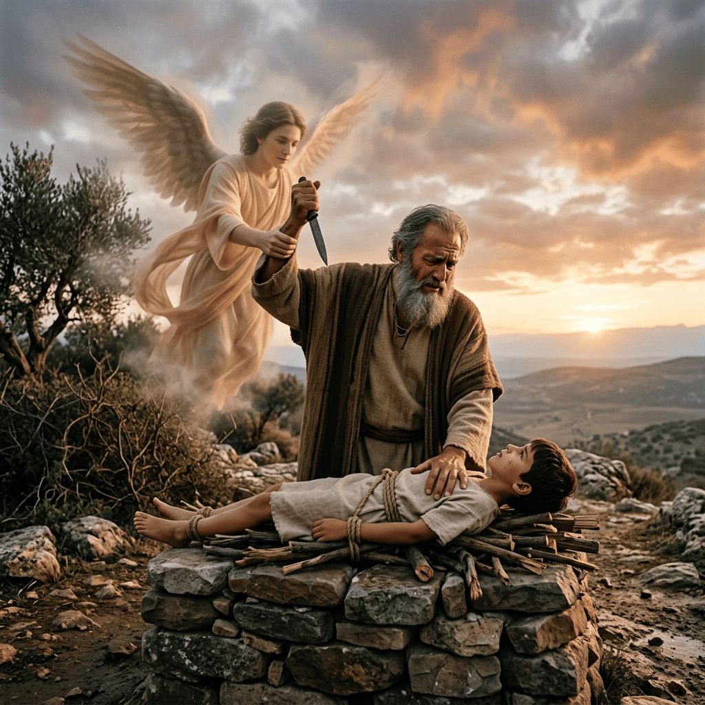 Angel stopping Abraham from sacrificing Isaac on a stone altar